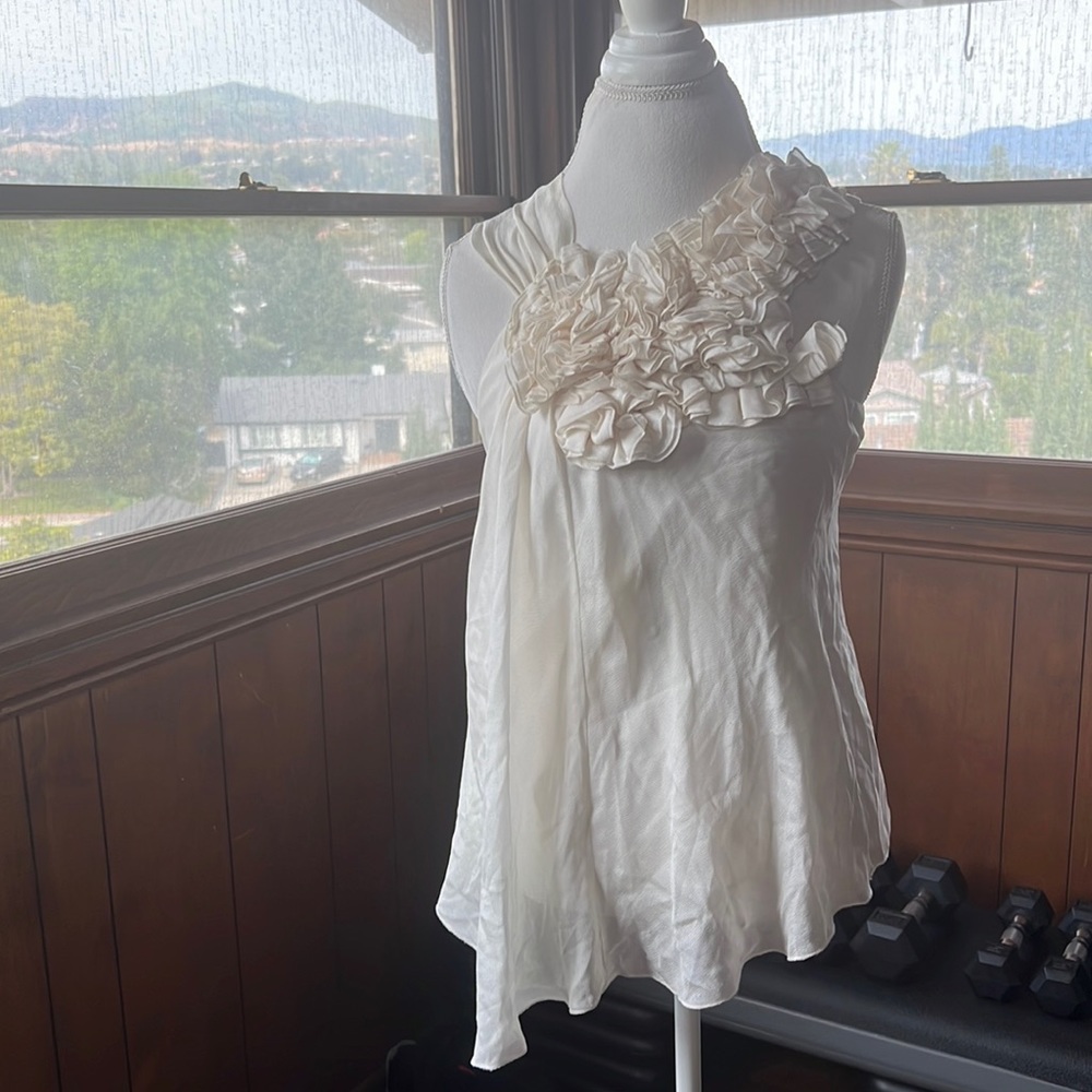Robert Rodriguez Ivory Ruffled One-Shoulder Silk Top